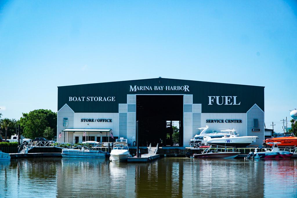 Docked powerboats float at the Marina Bay Harbor boat storage center at Clear Lake Shores, Texas. 